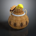 Yellow Bird Peeking Out From Brown Woven Basket With Lid And Patterns