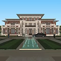 Classical Luxury Detached Villa Exterior Design With Front Fountain Lawn Driveway Trees and Black Car