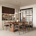 French Middle Style Restaurant Dining Table and Chair Combination Sideboard Chandelier Rectangular Dining Table Single Chair Dried Branches and Flowers 3d model