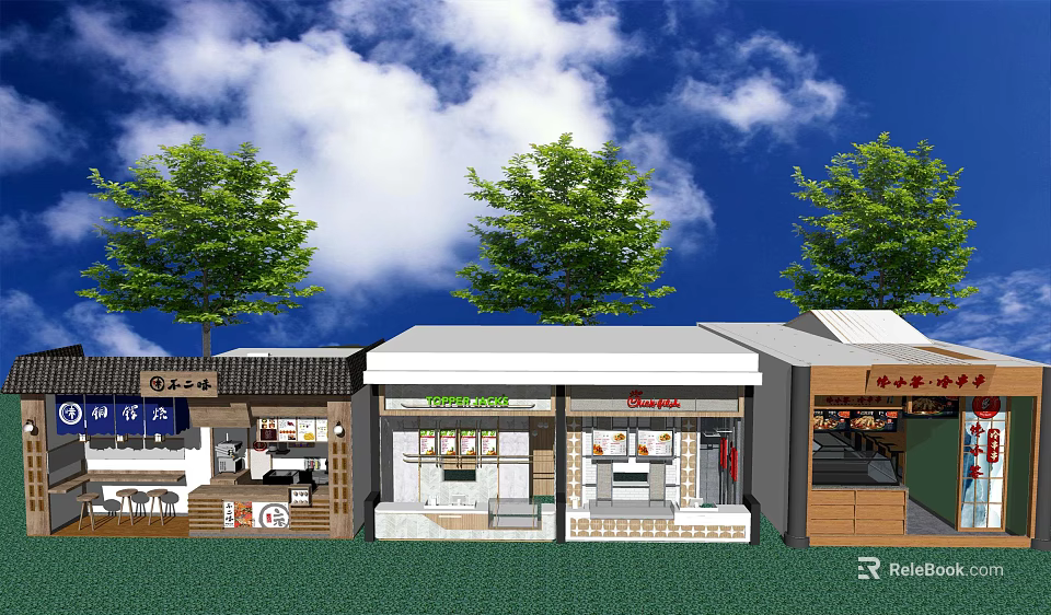 Modern Shopping Mall Storefronts With Various Retail Shops And Exterior Design Elements 3d model 