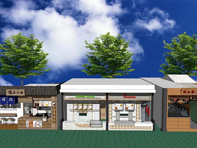 Modern Shopping Mall Storefronts With Various Retail Shops And Exterior Design Elements 3d model