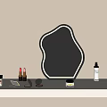 White Dressing Table With Lighted Unique Shaped Mirror And Cosmetics On Countertop 3d model