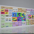 Toy Car Display Wall With Colorful Acrylic Cases Price Tags And Cartoon Posters
