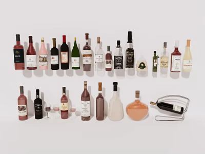 Wine Bottles and Glasses Collection with Various Colors Shapes and Styles on 3d model
