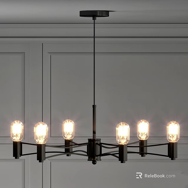 Modern Chandelier With Metal Frame And Glass Bulbs In Paneled Wall Interior 3d model 
