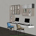 Double Desk Home Office Setup With Computers Chairs Books And Decorative Shelves