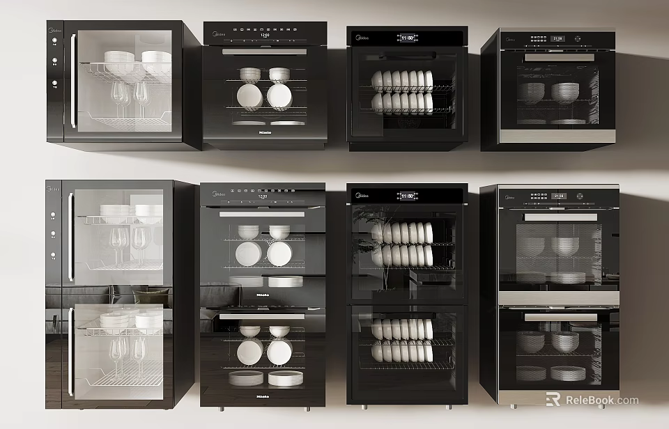 Modern Kitchen Appliances Display Featuring Various Functional Ovens And Storage Units 3d model