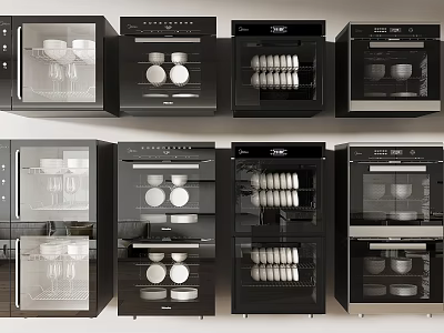 Modern Kitchen Appliances Display Featuring Various Functional Ovens And Storage Units 3d model