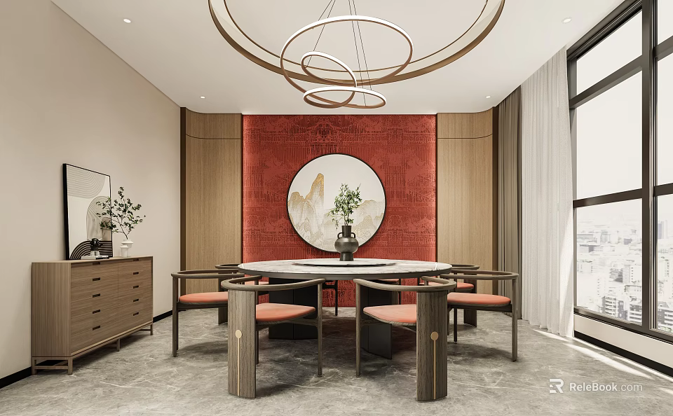 Elegant Private Dining Room Interior With Round Table Red Backdrop And Chandelier 3d model