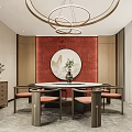 Elegant Private Dining Room Interior With Round Table Red Backdrop And Chandelier 3d model
