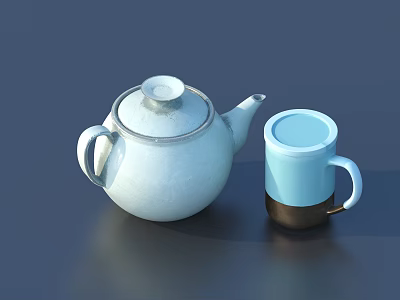 Modern Tableware Set With White Teapot And Blue And Brown Mug 3d model