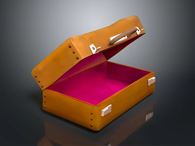 Open Orange Suitcase With Pink Interior White Handle And Metal Rivets 3d model