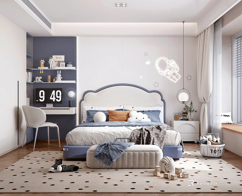Modern Kids Room Interior With Star Pattern Rug Astronaut Decals Bed Desk And Toys 3d model 