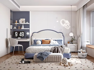 Modern Kids Room Interior With Star Pattern Rug Astronaut Decals Bed Desk And Toys 3d model