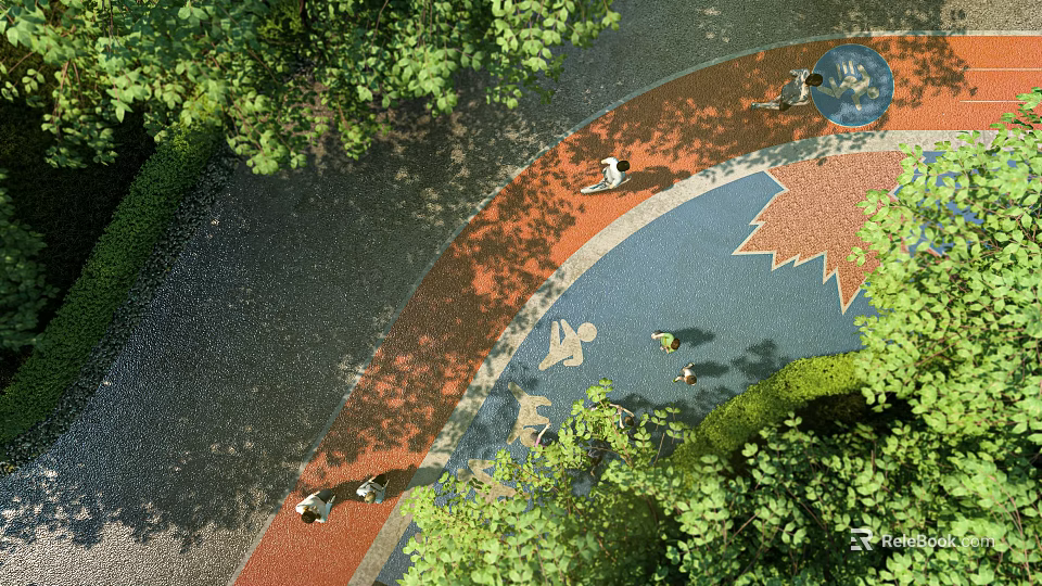 Beautiful Park Landscape With Lush Green Trees Colorful Circular Paved Ground And People Enjoying 3d model 