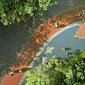 Beautiful Park Landscape With Lush Green Trees Colorful Circular Paved Ground And People Enjoying