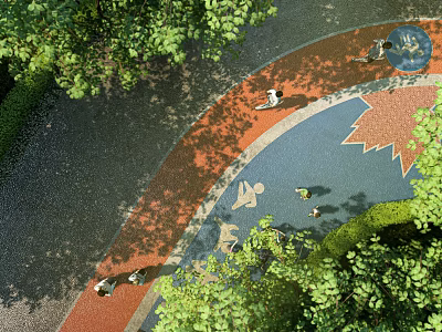 Beautiful Park Landscape With Lush Green Trees Colorful Circular Paved Ground And People Enjoying 3d model