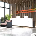 Modern Elegant White Marble Office Reception Desk With Cozy Waiting Lounge And Large Panoramic Windows