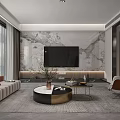 Modern Living and Dining Room Interior With Decorative Painting Geometric Tiles Dining Table and Sofa
