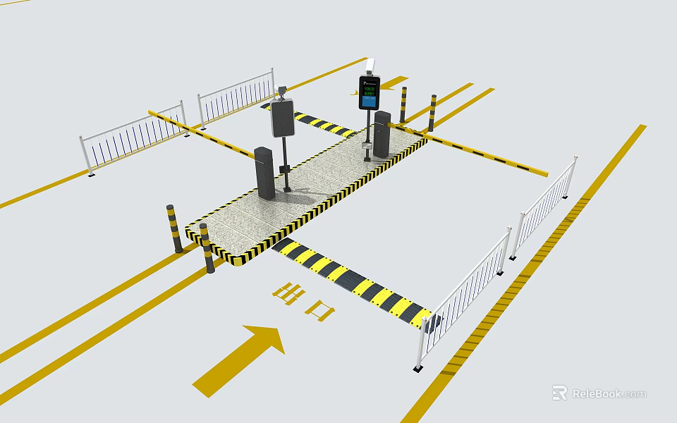 Public Parking Facility Entrance With Safety Barriers Payment Terminal And Arrow Indicators 3d model 