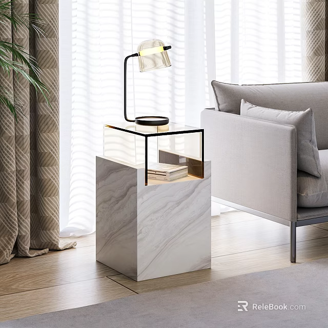 Modern Side Table With Marble Base Glass Top And Table Lamp Near Sofa 3d model 