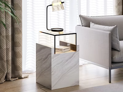 Modern Side Table With Marble Base Glass Top And Table Lamp Near Sofa 3d model