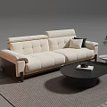 Modern Beige Sofa And Black Coffee Table Set With Striped Rug Potted Plant Side Table
