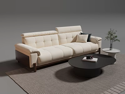 Modern Beige Sofa And Black Coffee Table Set With Striped Rug Potted Plant Side Table 3d model