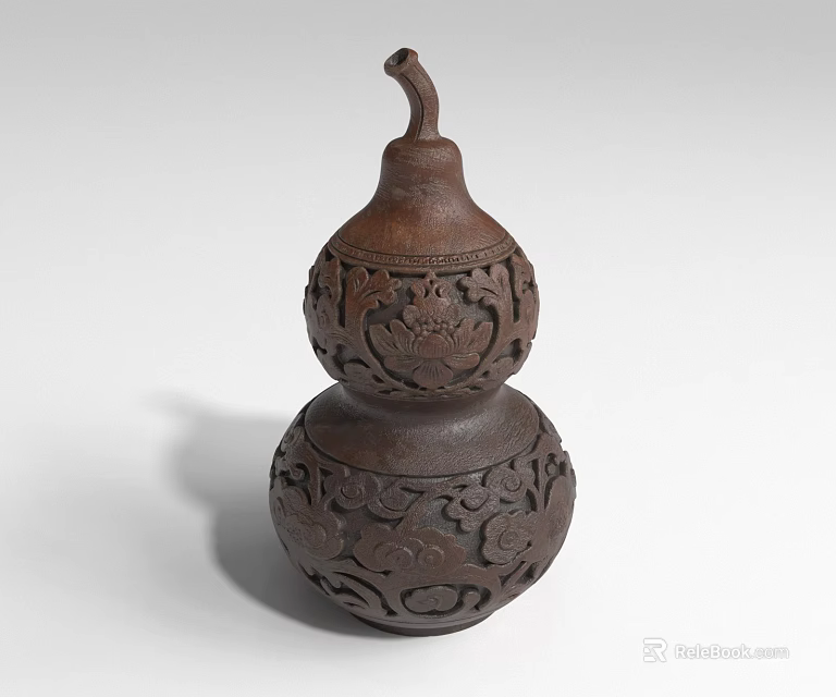 Decorative Gourd Shaped Wooden Furniture With Intricate Carved Patterns And Brown Finish 3d model 