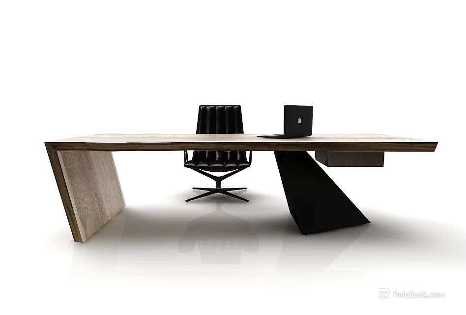 Modern Office Desk With Wooden Top Black Legs Laptop And Ergonomic Chair 3d model 