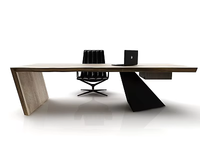 Modern Office Desk With Wooden Top Black Legs Laptop And Ergonomic Chair 3d model
