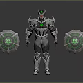 Armored Character In Silver Armor With Green Gem And Intricate Circular Shields
