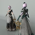 Game and Movie Gothic Character With Pink Hair Long Dress Holding Birdcage