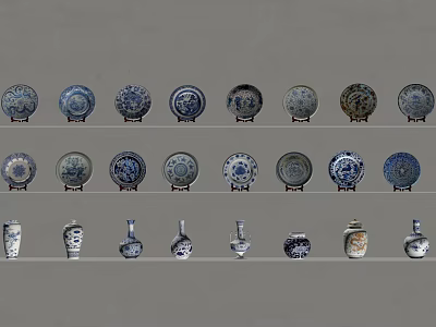 Traditional Ceramic Vessels With Blue And White Patterns Decorative Plates And Vases 3d model