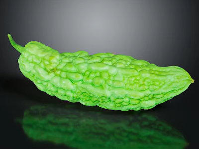 Fresh Green Bitter Melon With Textured Surface On Black Reflective Background 3d model
