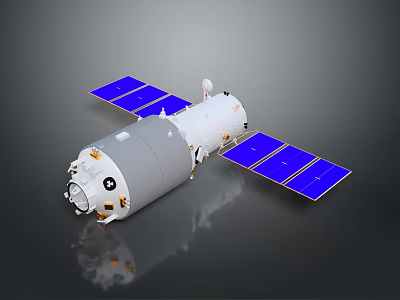 3D Rendered Space Station Module With White Gray Body And Blue Solar Panels 3d model