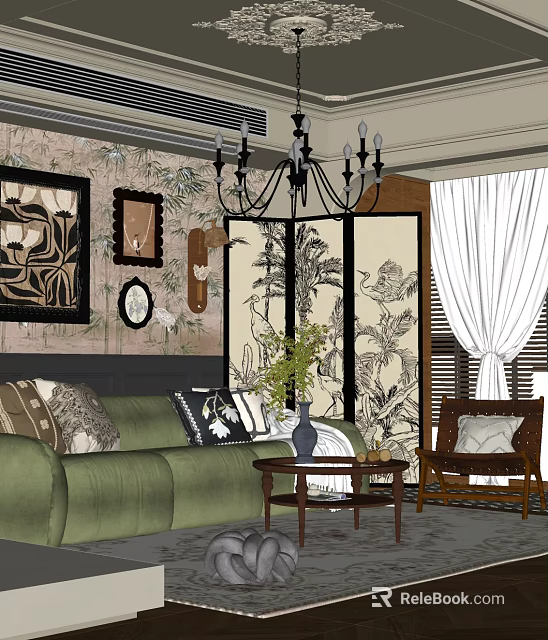 Traditional Living Room Interior With Green Sofa Plant Pattern Screen Chandelier And Decorative Frames 3d model 