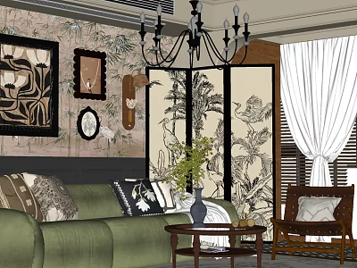 Traditional Living Room Interior With Green Sofa Plant Pattern Screen Chandelier And Decorative Frames 3d model