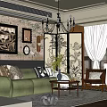 Traditional Living Room Interior With Green Sofa Plant Pattern Screen Chandelier And Decorative Frames