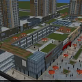 Modern Commercial Street with High Rise Buildings Open Glass Facade Green Roof Pedestrians and Umbrellas