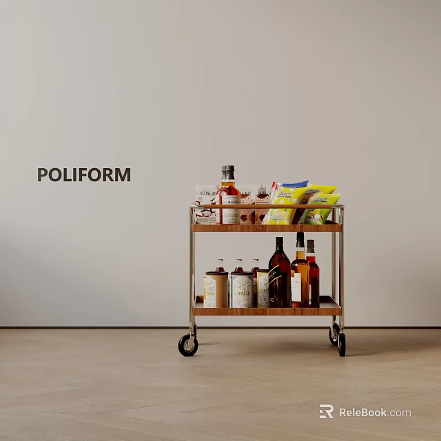 Poliform Rolling Side Table with Two Tier Shelves Holding Bottles and Drinks 3d model 