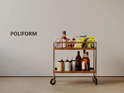 Poliform Rolling Side Table with Two Tier Shelves Holding Bottles and Drinks 3d model