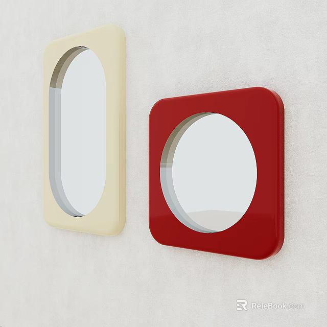 Decorative Wall Mounted Mirrors Featuring Beige Oval And Red Square Frames For Interior 3d model