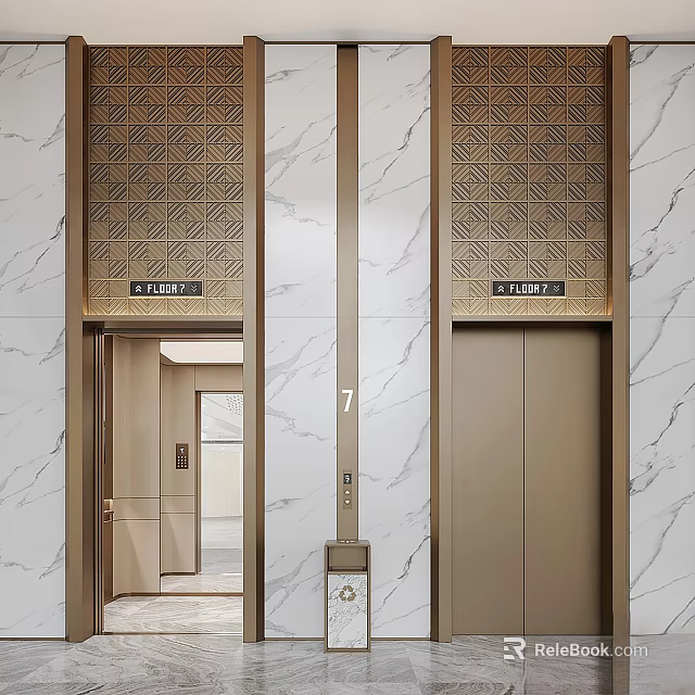 Elegant Elevator Lobby With Marble Walls Golden Patterned Panels And Buttons 3d model