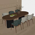 Stylish Oval Wooden Dining Table With Dark Green Light Velvet Chairs Fruits Vase White Wall