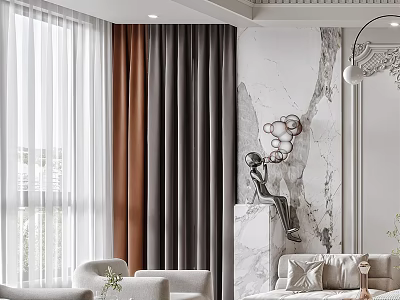 Elegant Dining and Living Room Interior With Marble Wall Multi Colored Curtains Sofa And Statue 3d model