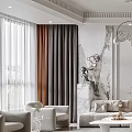 Elegant Dining and Living Room Interior With Marble Wall Multi Colored Curtains Sofa And Statue