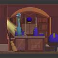 Enchanted Room Interior With Red Walls Arched Bookshelves Stained Glass Window And Magic Elements