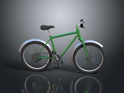 Classic Green Bicycle With Black Seat And Silver Fenders On Reflective Surface 3d model
