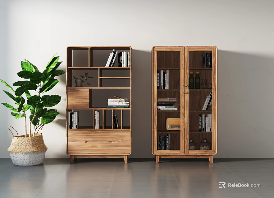 Modern Wooden Bookcases Interior With Open Shelf Cabinet Doors And Indoor Plant 3d model 